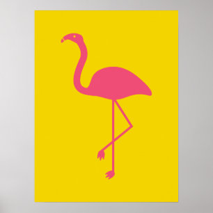 Simple Pink Flamingo Bird Silhouette On Yellow Poster