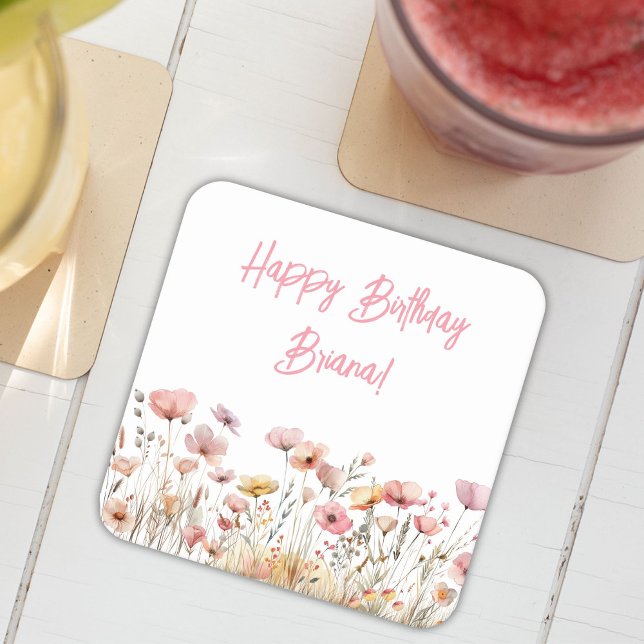 Simple Pink Floral Birthday Party Square Paper Coaster (Creator Uploaded)