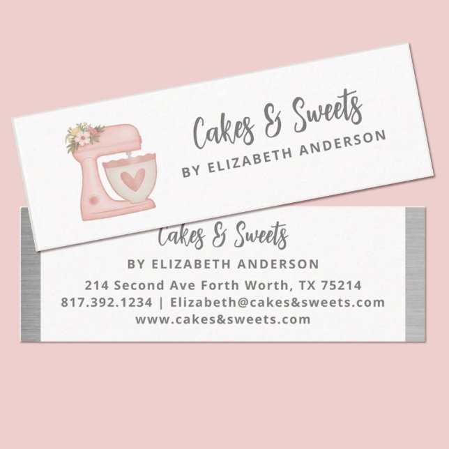 Simple Pink Floral Cake Mixer Bakery Mini Business Card (Cute pink kitchen stand mixer thin bakery business cards. Personalize them with your information)