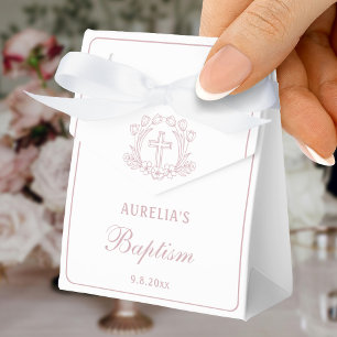 Simple Pink Floral Cross Baptism Small Tent Favour Box