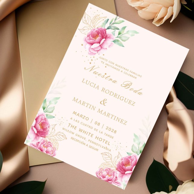 Simple Pink Floral Gold Nuestra Boda Invitation (Creator Uploaded)