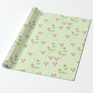 Simple Pink Flowers On a Pastel Green Background Wrapping Paper
