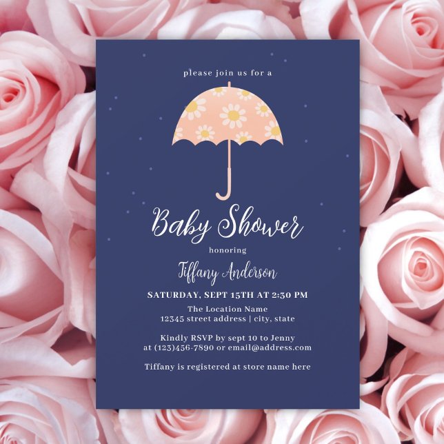Simple Pink Flowers Umbrella Girl Baby Shower Invitation (Creator Uploaded)