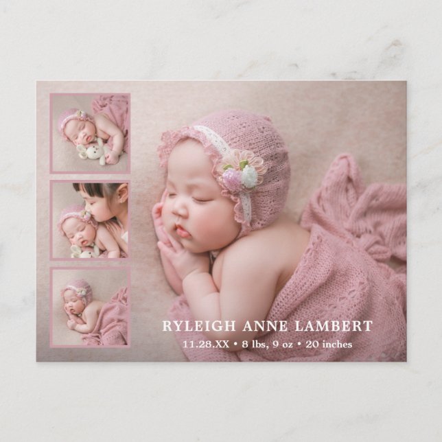 Simple Pink Girl Photo Collage Birth Announcement Postcard (Front)