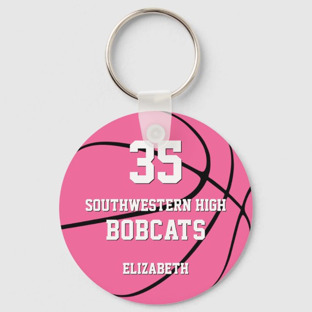 simple pink girl's sports basketball team name key ring (Front)