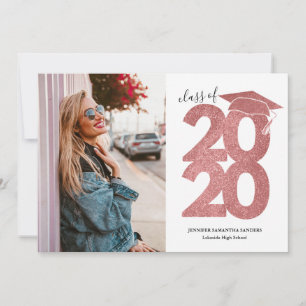 Simple Pink Glitter Girly Cap Photo Graduation Announcement