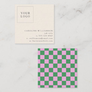 Simple Pink Green Checkerboard Your Logo Custom Square Business Card
