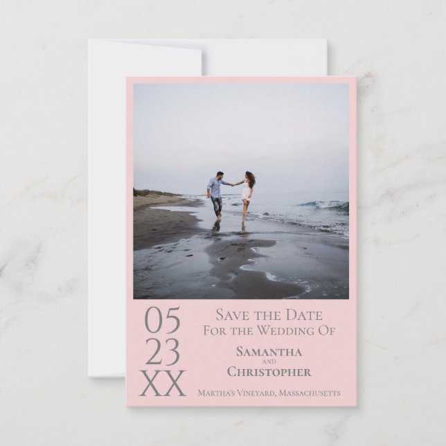 Simple Pink & Grey Modern Minimalist Photo Wedding Save The Date (Front)