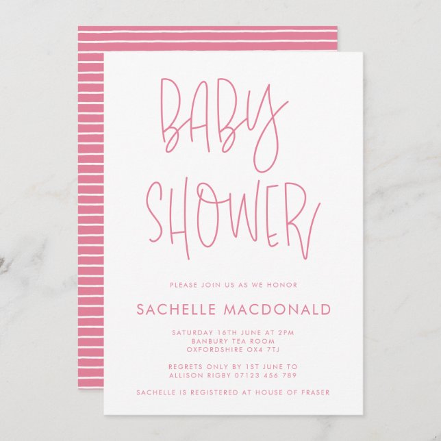 Simple Pink Handwriting Baby Shower Invitation (Front/Back)