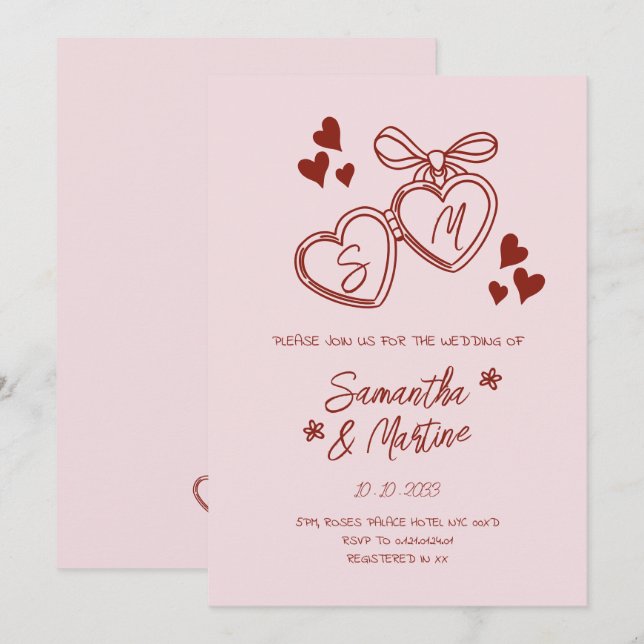 Simple Pink Handwritten Whimsical Doodle wedding Invitation (Front/Back)