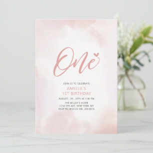 Simple Pink Heart One 1st Girl Birthday Party Invitation