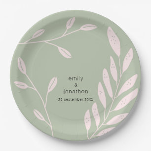 Simple Pink Leaves Names Date Sage Green Wedding Paper Plate