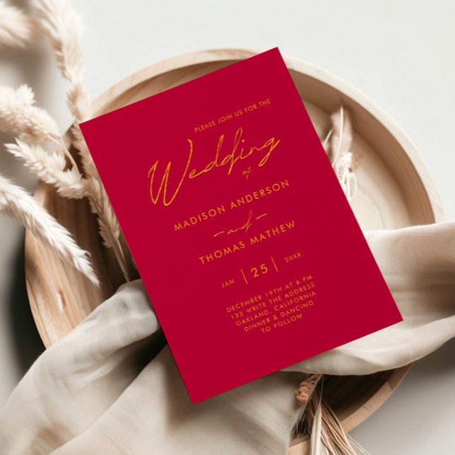 Simple Pink Magenta Gold Modern Typography Wedding Invitation (Creator Uploaded)