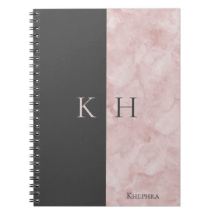 Simple Pink Marble And Black Accent Monogram Notebook