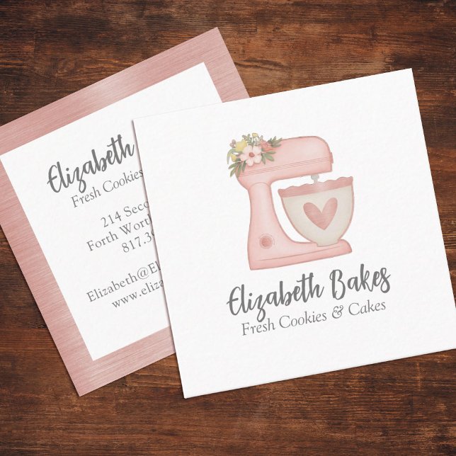 Simple Pink Mixer Floral Cake Bakery Business Card (Pink Mixer Bakery Business Card. Personalize it with your small business info.)