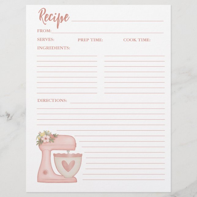 Simple Pink Mixer Floral Cake Bakery Recipe Card (Front)