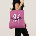 Simple Pink Monogrammed Tote Bag<br><div class="desc">Reusable tote bag with a pink background and white simple monogram first initial and first name.</div>