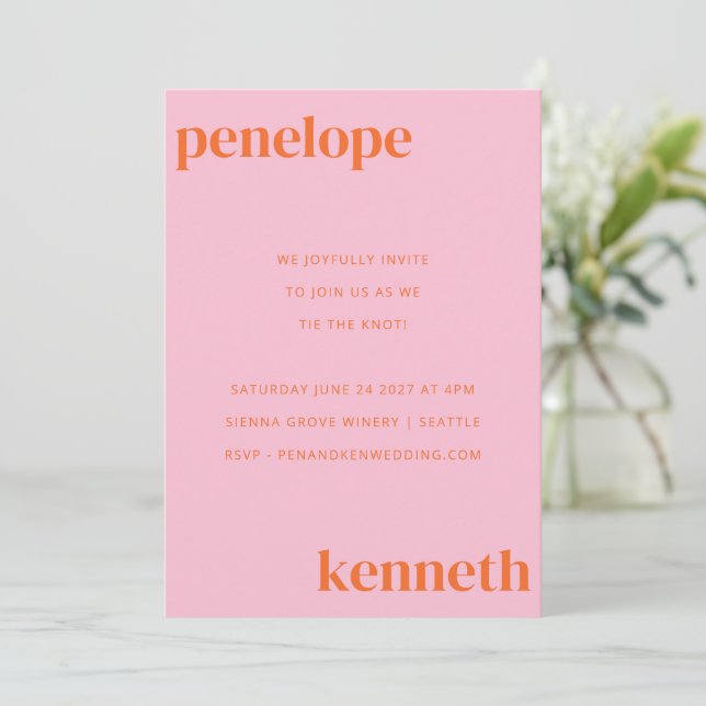 Simple Pink Orange Chic Modern Wedding All In One Invitation (Standing Front)