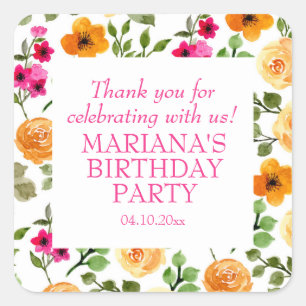 Simple Pink Orange Floral Birthday Party Favour Square Sticker