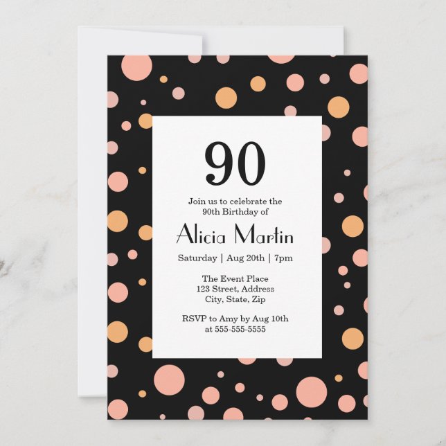 Simple Pink & Peach Polka Dot Black 90th Birthday Invitation (Front)