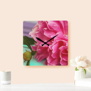 Simple Pink Peony Flower Square Wall Clock