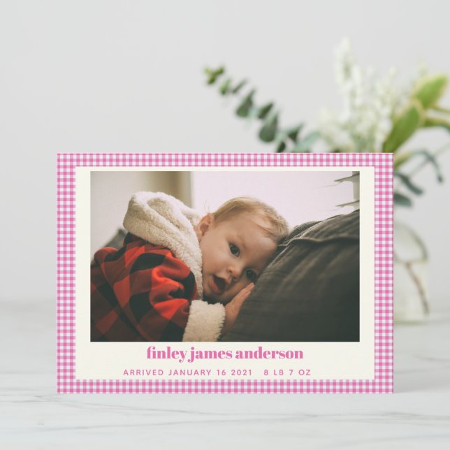 Simple Pink Plaid Baby Photo Custom Birth  Announc Announcement (Standing Front)