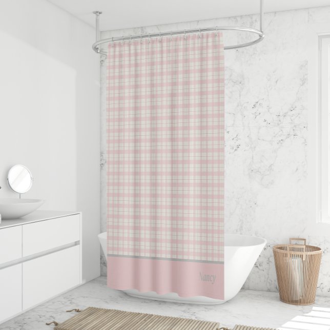 Simple Pink Plaid Custom Name Farmhouse  Shower Curtain (Simple Pink Plaid Custom Name Farmhouse Shower Curtain)