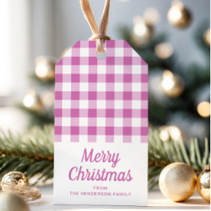 Simple Pink Plaid Script Merry Christmas Gift Tags