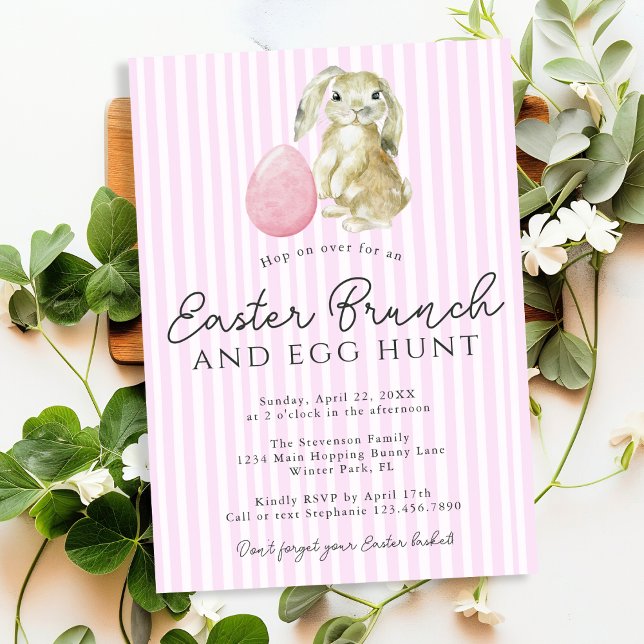 Simple Pink Preppy Stripes Bunny Egg Easter Brunch Invitation (Creator Uploaded)