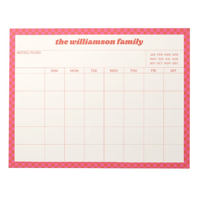Simple Pink Red Chequered Family Planner Calendar  Notepad (Front)
