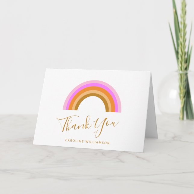 Simple Pink Retro Rainbow Personalised Script Name Thank You Card (Front)