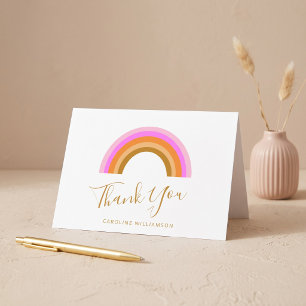 Simple Pink Retro Rainbow Personalised Script Name Thank You Card