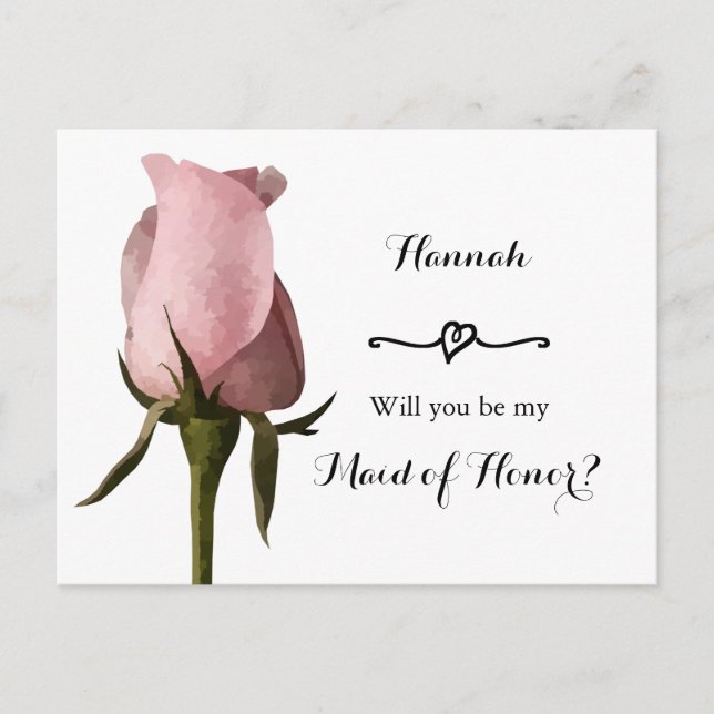 Simple Pink Rose Maid of Honour Request Card (Front)