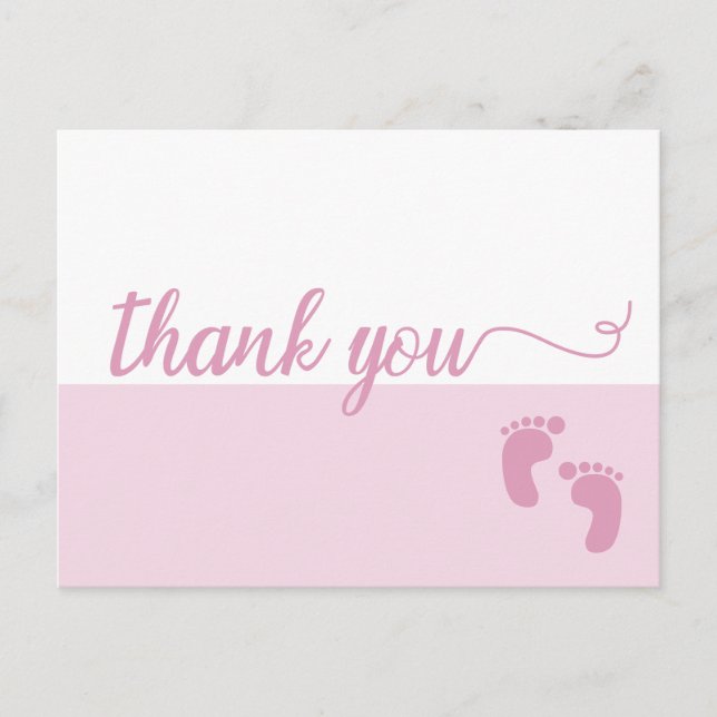 Simple Pink Script baby girl feet Thank You Announcement Postcard (Front)
