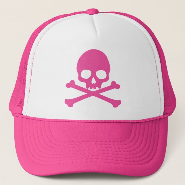 Simple Pink Skull and Crossbones Trucker Hat (Front)