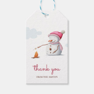 Simple Pink Snowman Marshmallows Thank You Gift Tags