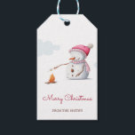 Simple Pink Snowman Merry Christmas<br><div class="desc">Cute and simple Merry Christmas gift tag with an illustration of a snowman roasting marshmallows and a beautiful pink typography. Illustrated and designed by Patricia Alvarez.</div>