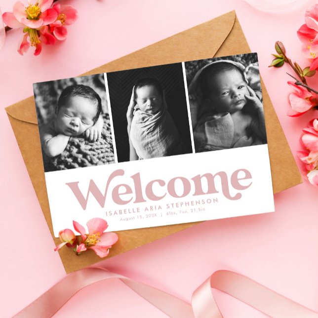 Simple pink three photo birth announcement (Creator Uploaded)