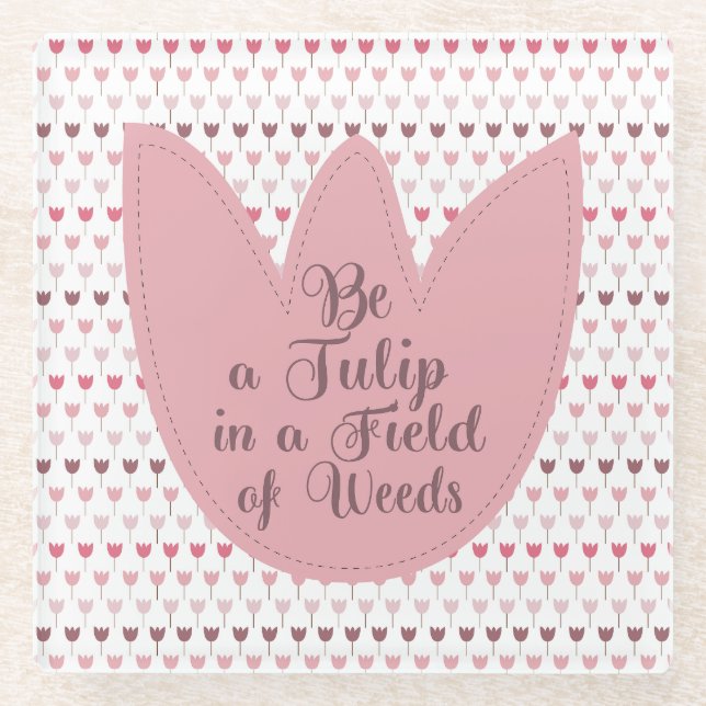Simple Pink Tulip Pattern Glass Coaster (Front)