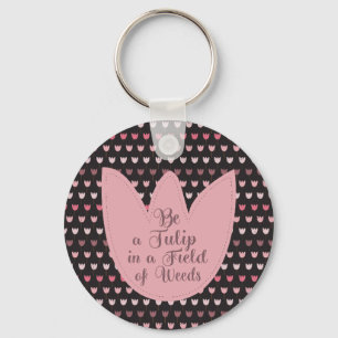 Simple Pink Tulip Pattern with dark background Key Ring