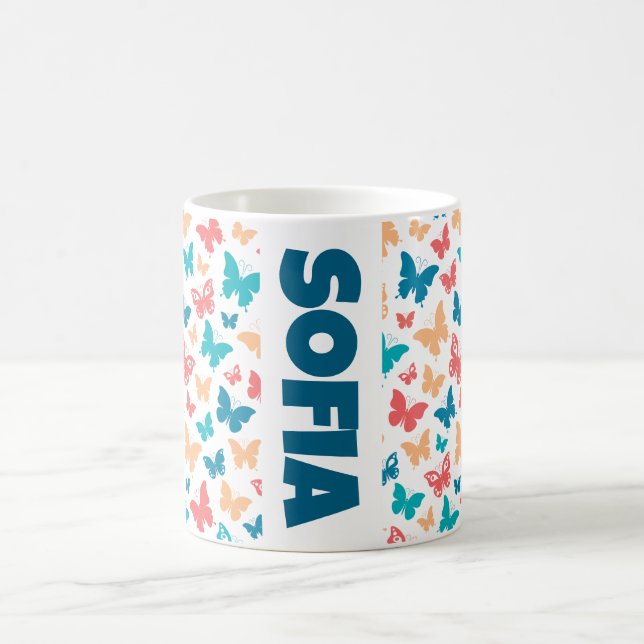 Simple Pink turguoise white Butterfly pattern name Coffee Mug (Center)