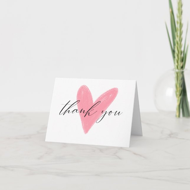 Simple pink watercolor hearts script thank you card (Front)