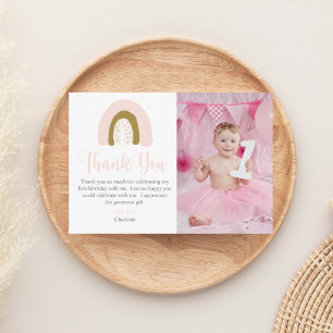 Simple Pink Watercolor Rainbow Birthday Thank You Card