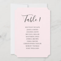 Simple pink wedding seating chart. Modern script