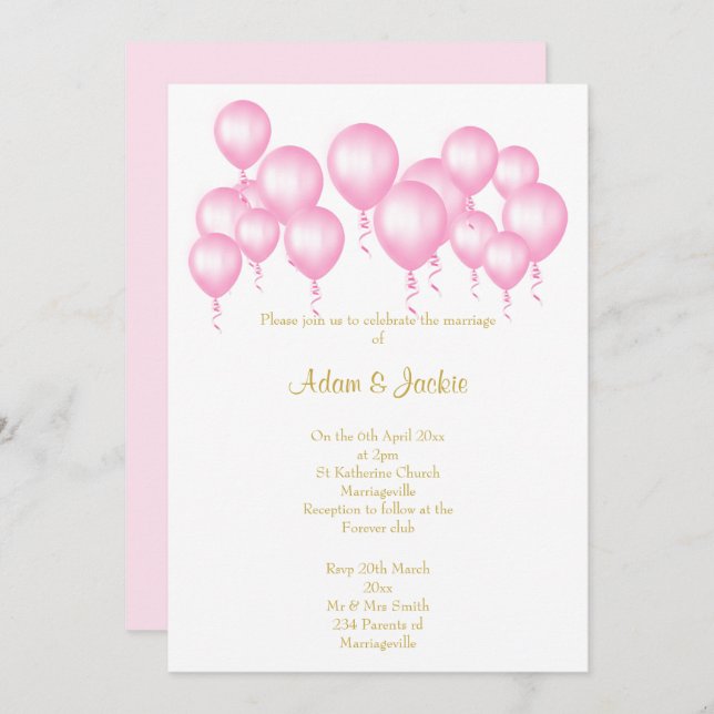 SIMPLE PINK WHITE BALLOONS WEDDING INVITATION (Front/Back)