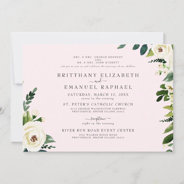 Simple Pink White Floral Both Parents Wedding  Invitation (Front)