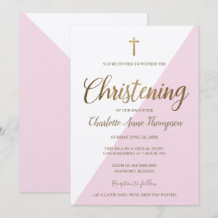 Simple Pink White Gold Cross Virtual Christening Invitation