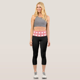 Simple Pink White Heart Black Capri Leggings