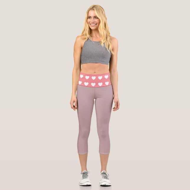 Simple Pink White Heart  Capri Leggings (Front)