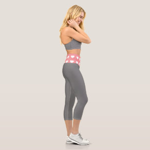 Simple Pink White Heart Grey Capri Leggings